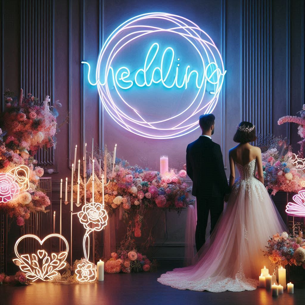 Romantic wedding scene with neon signs for wedding decor glowing and a bride and groom holding hands
