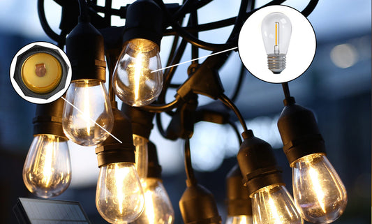 Close-up of glowing DIY outdoor string lights with Edison bulbs hanging in an outdoor setting at dusk