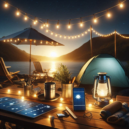 Outdoor camping setup with glowing camping string lights Australia at sunset by a lake and tent