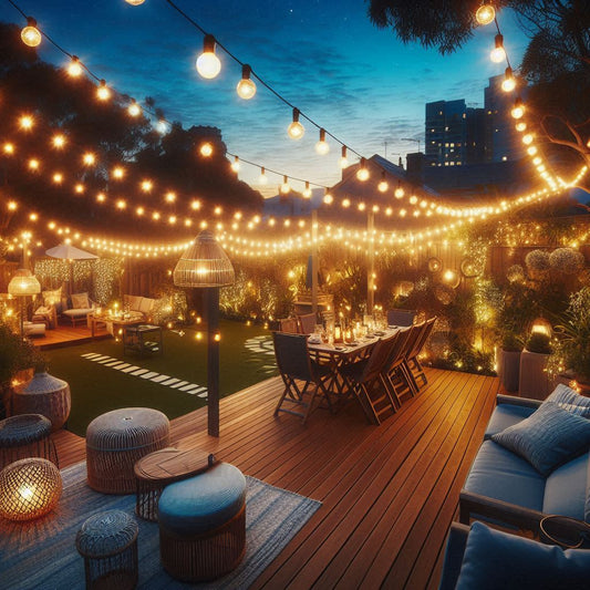 Cozy outdoor patio decorated with warm glowing LED string lights for Australian homes during evening gathering