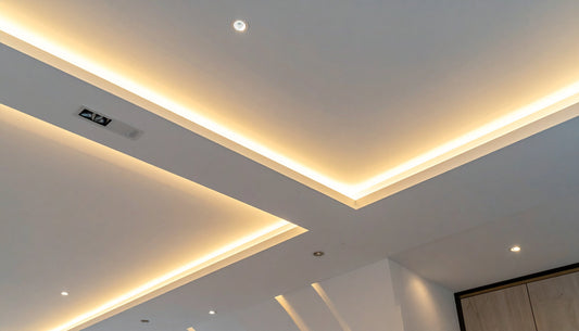 Modern ceiling with warm white LED strip lights room ideas showcasing hidden ambient lighting design