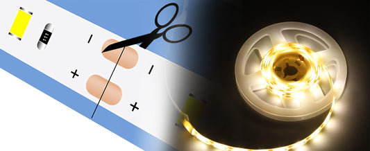 Scissors cutting LED strip lights with close-up showing how to cut LED strip lights accurately