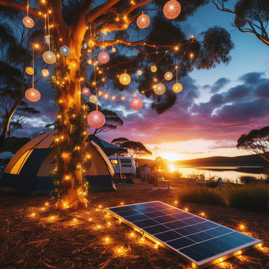 LED string lights for gardens wrapped around a tree and hanging glowing lanterns at a campsite during sunset