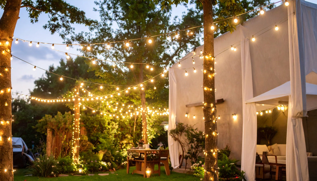 Cozy outdoor patio decorated with the best outdoor solar string lights wrapped around trees and hanging above