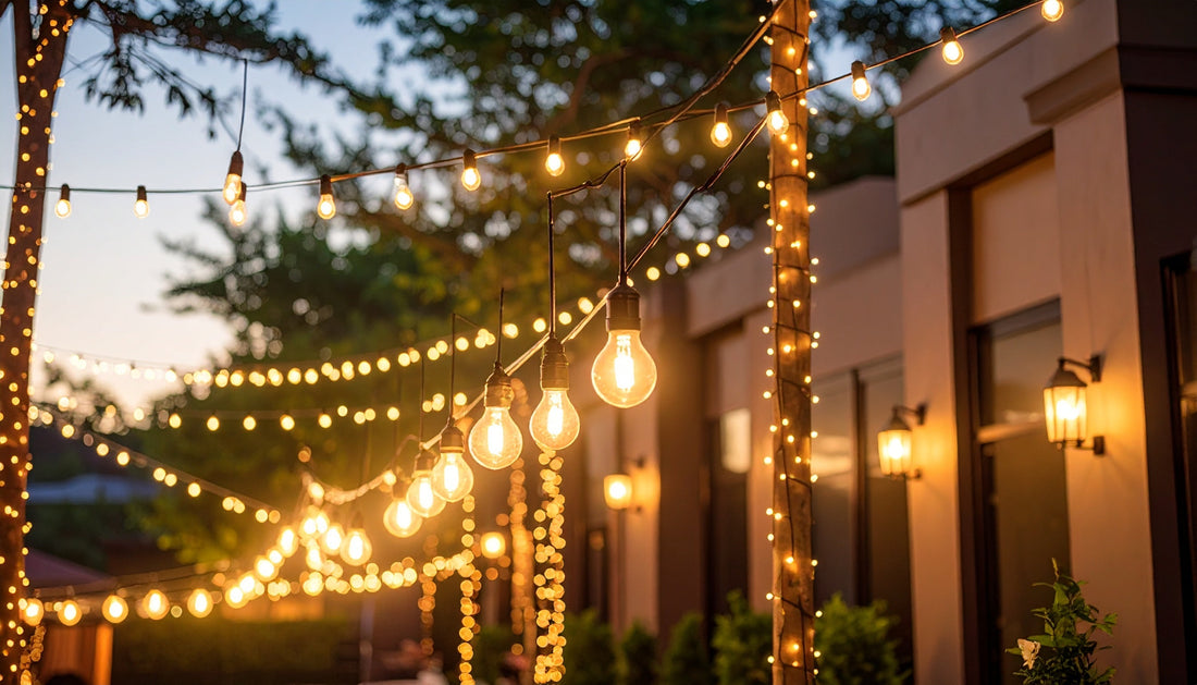 Warm glowing string lights and bulbs hanging in a cozy backyard showcasing Australian backyard lighting ideas