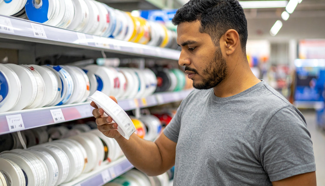Man examining LED light product packaging in store for buying guide for LED lights