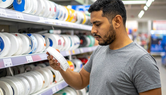 Man examining LED light product packaging in store for buying guide for LED lights