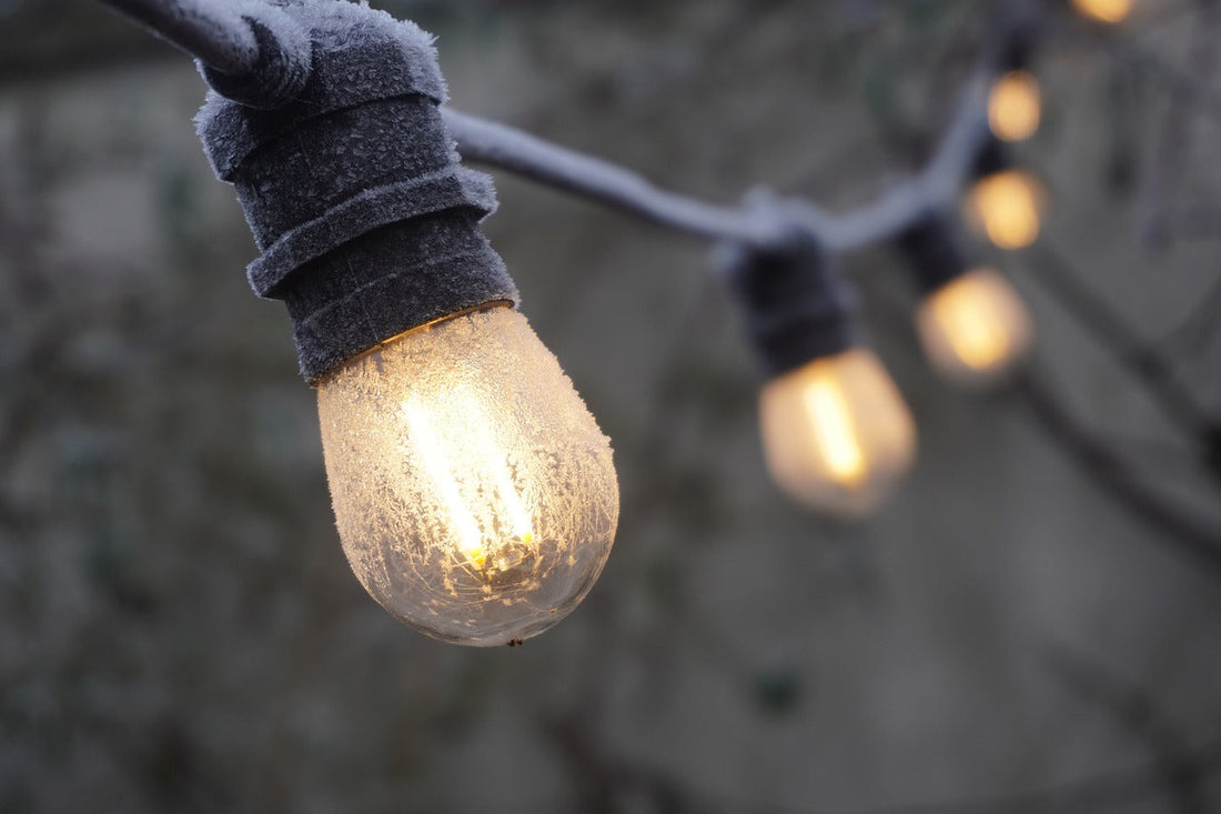 Close-up of energy-saving outdoor LED string lights glowing with frost on the bulbs in a winter setting