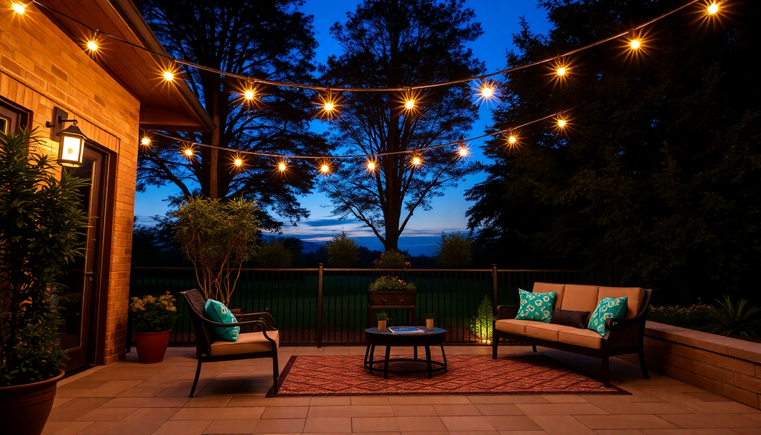 Cozy outdoor patio with string lights glowing warmly at dusk showing how to install outdoor LED string lights