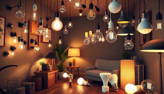 Various LED lamps and bulb holders displayed in a cozy living room showing how to choose LED lamp holder with wire