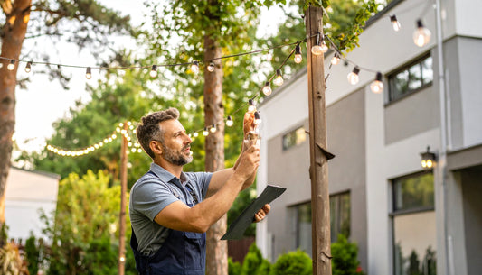 Man inspecting outdoor string lights with clipboard applying outdoor string lights maintenance tips