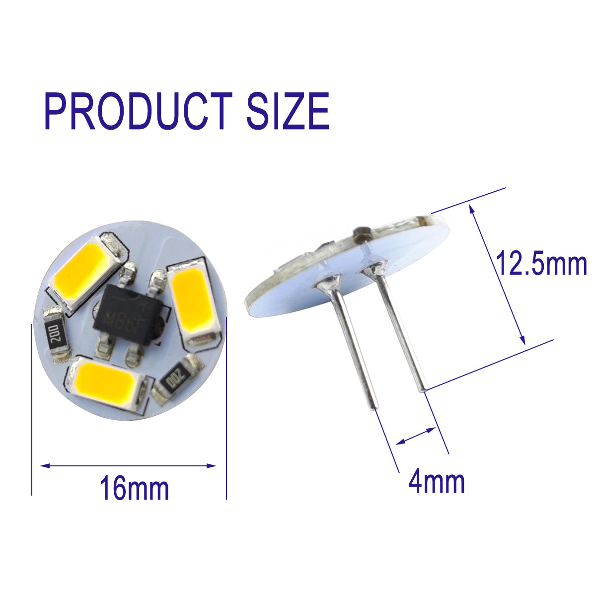 12V G4 LED bulb showing front and side views with size dimensions 16mm diameter and 12.5mm height