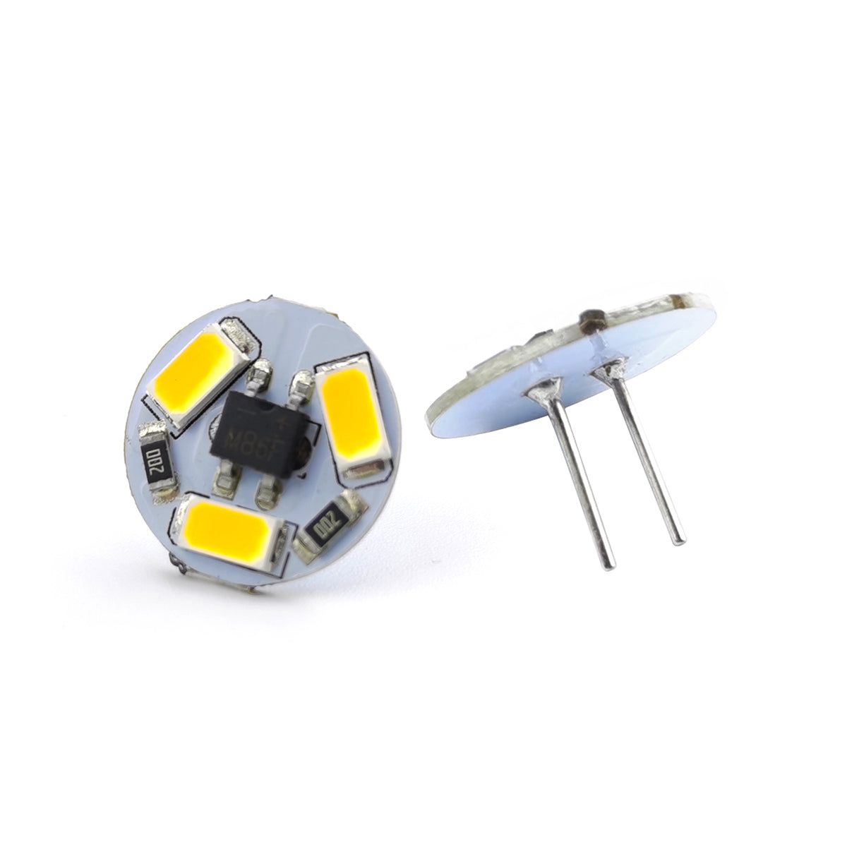12V G4 Led bulb showing front with yellow LEDs and side view with metal pins
