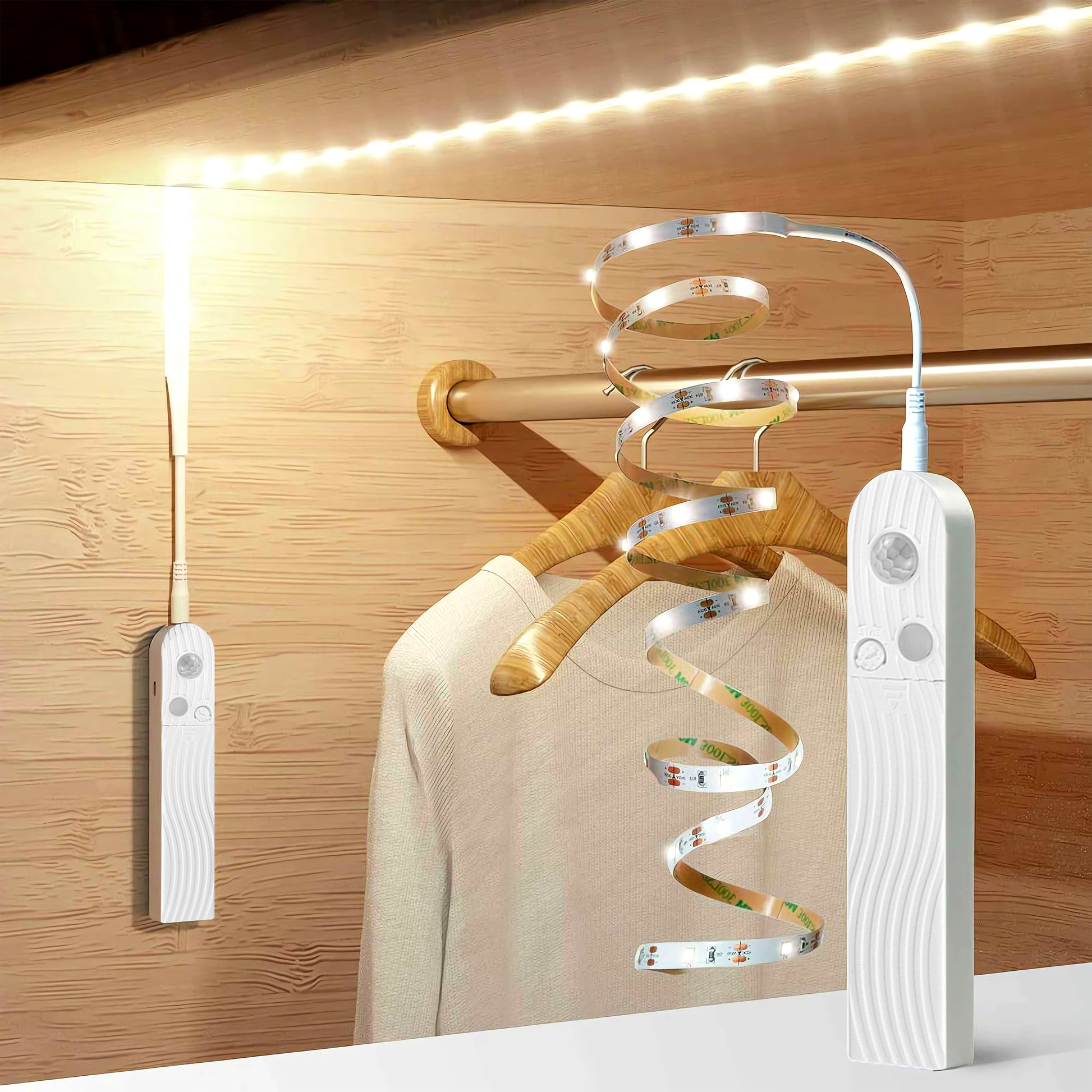 Battery LED Strip lights installed in wooden closet with warm white glow and remote control