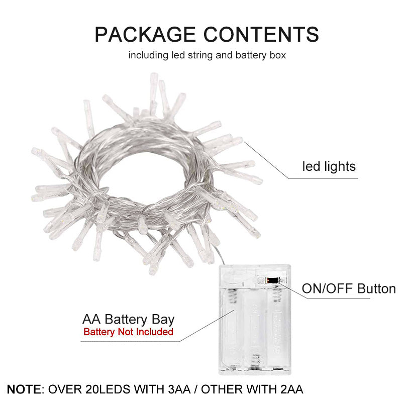 Battery String Lights with clear LED bulbs, battery box without batteries, and ON OFF button