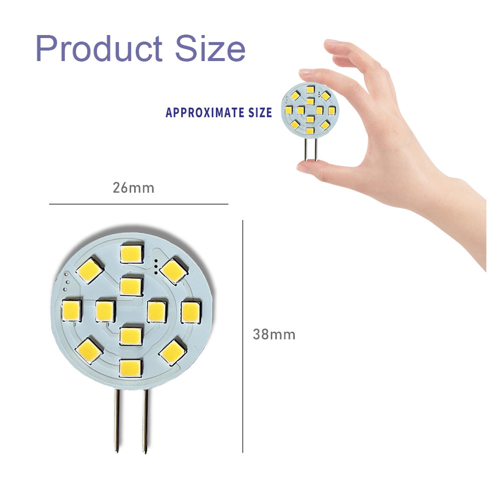 G4 LED Bulb round 12 SMD chips 26x38mm compact low voltage bulb shown held in hand