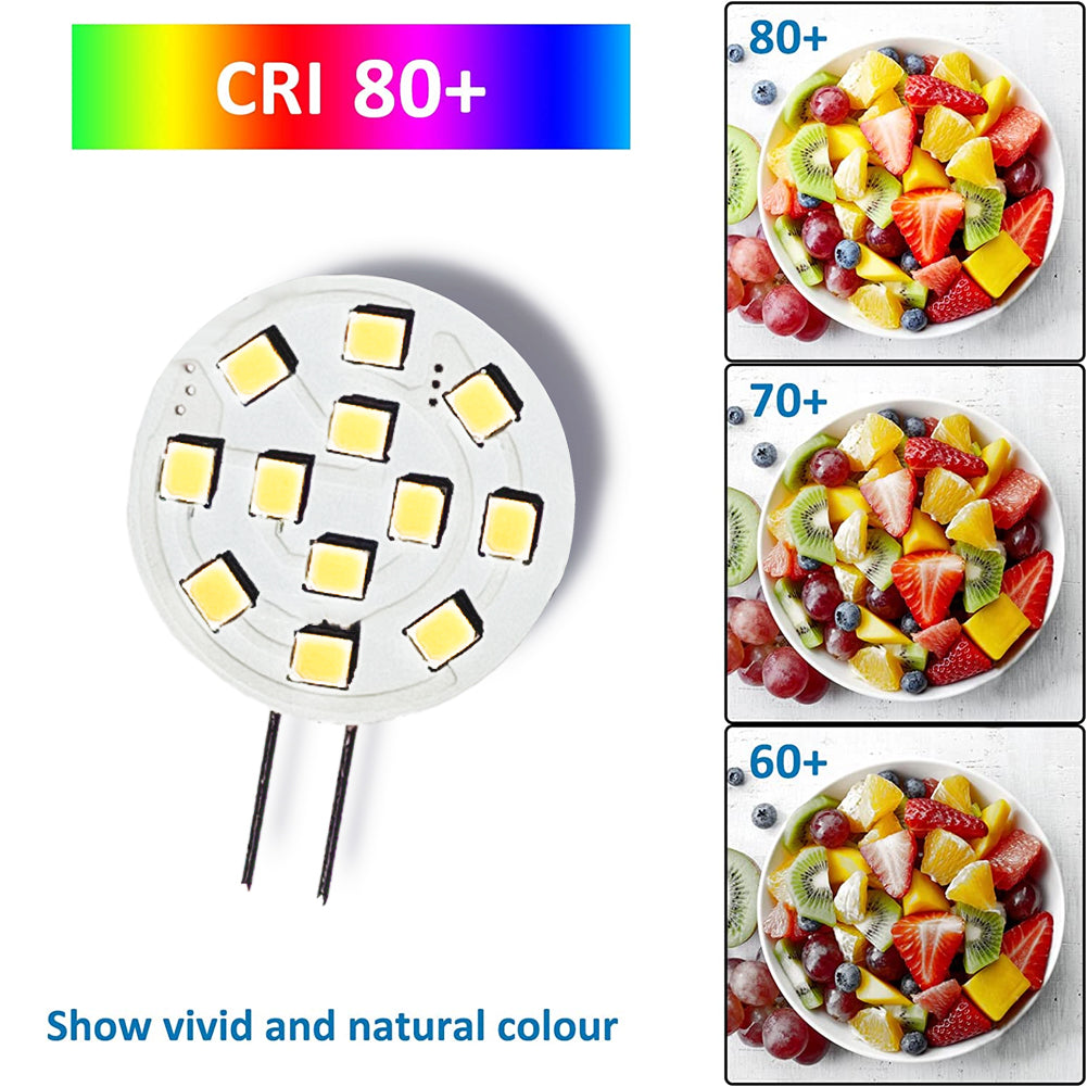 G4 LED Bulb round SMD board with two pin base, high CRI 80 rating shown with fruit color comparison