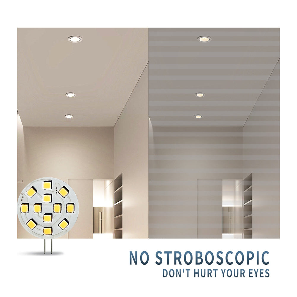 G4 LED Bulb bi pin lamp with visible LED chips shown next to recessed ceiling lights demonstrating no stroboscopic flicker