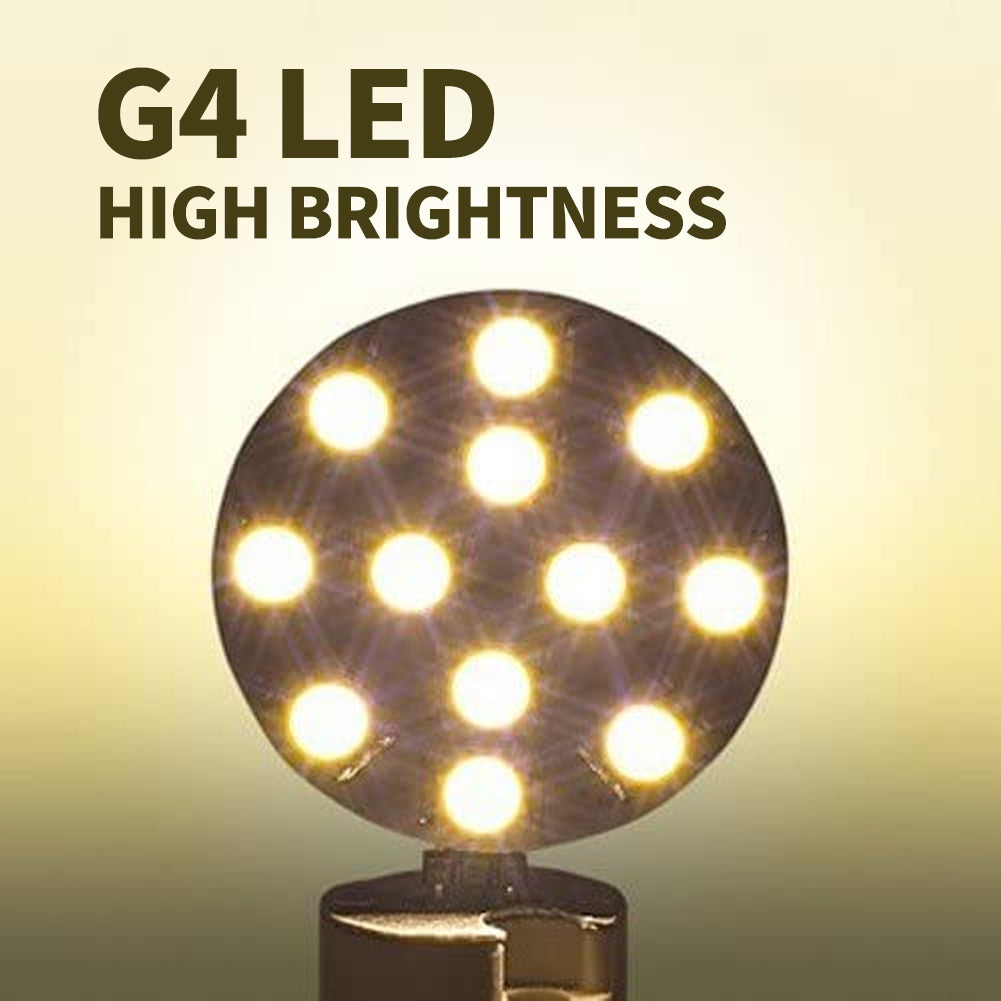 G4 LED Bulb close up of circular high brightness pin base LED array glowing warm white light