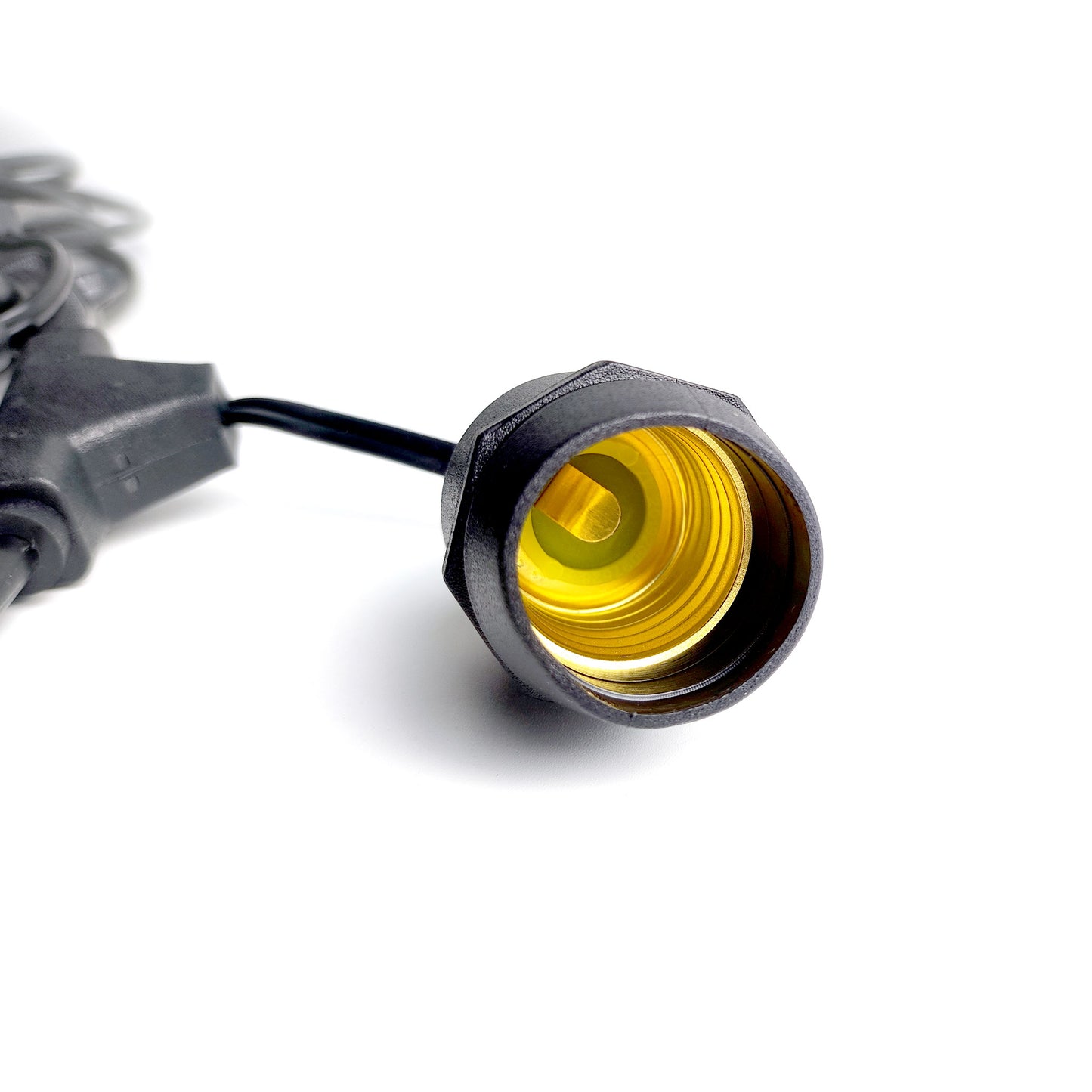 Close-up of copper wire string lights socket with black cable from Ningbo Fuaisi Electric Appliance Co Ltd