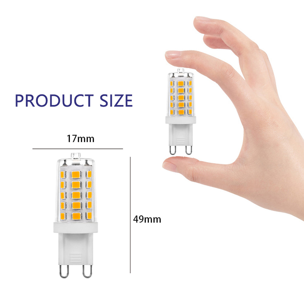 Dimmbale G9 led bulb by Ningbo Foroureyes Electric Co., Ltd. shown with product size dimensions and held between fingers