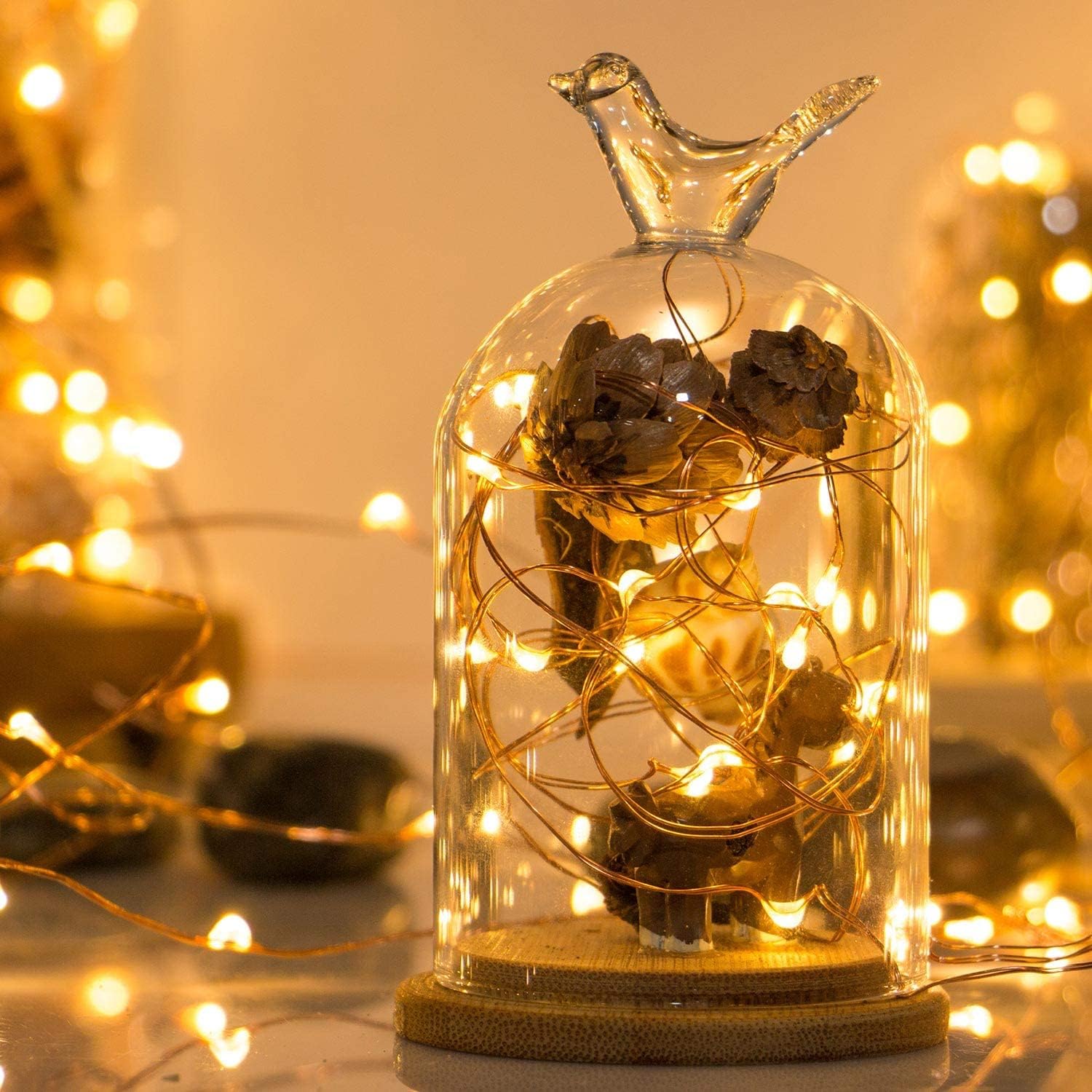 DIY String Lights wrapped around pine cones inside a glass dome with a bird-shaped handle glowing warmly