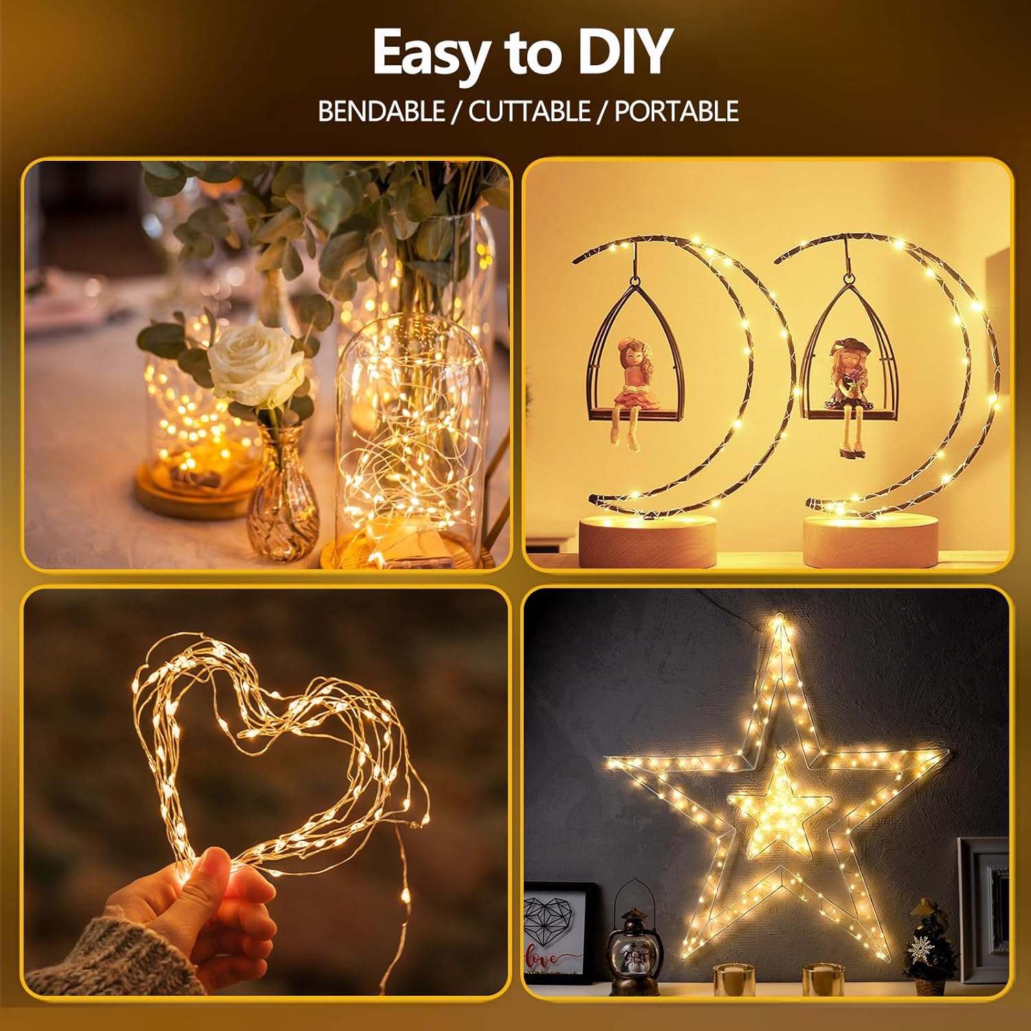 DIY String Lights bendable and portable used for creative home decor including jars, star shape, and heart shape lighting