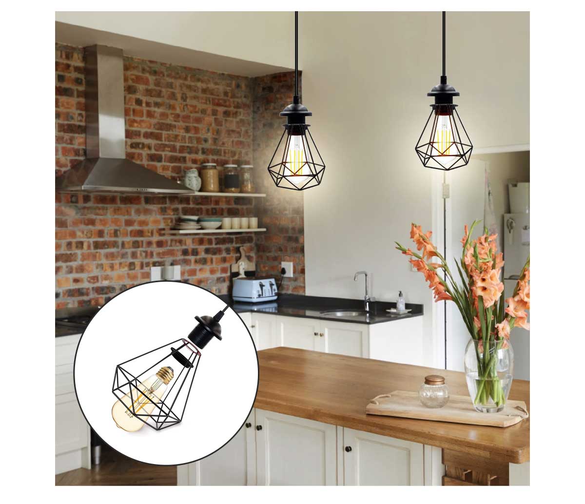 Black E27 lamp holder with geometric cage design hanging in modern kitchen over wooden island