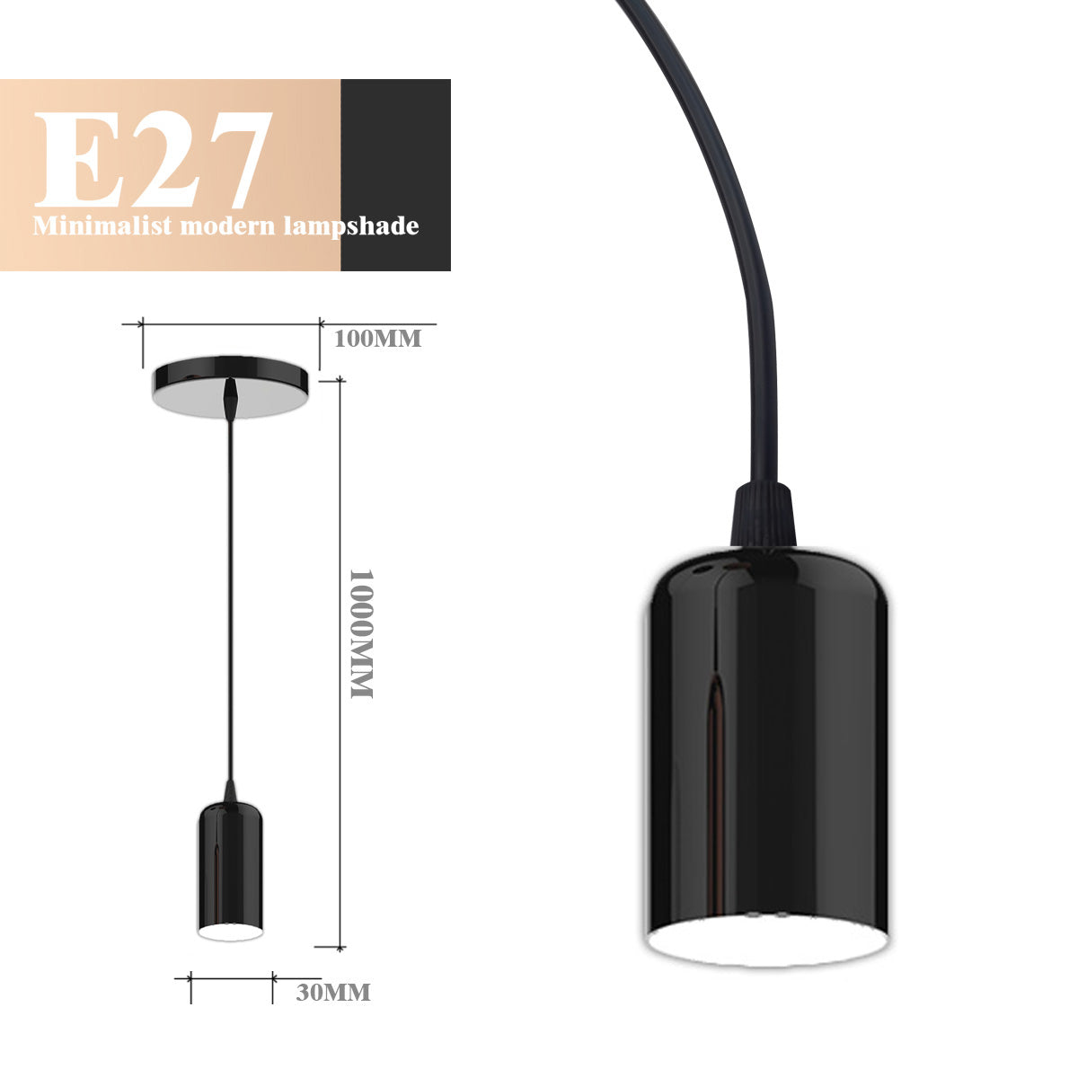 Black minimalist modern E27 lamp holder pendant light with 1000mm cord length