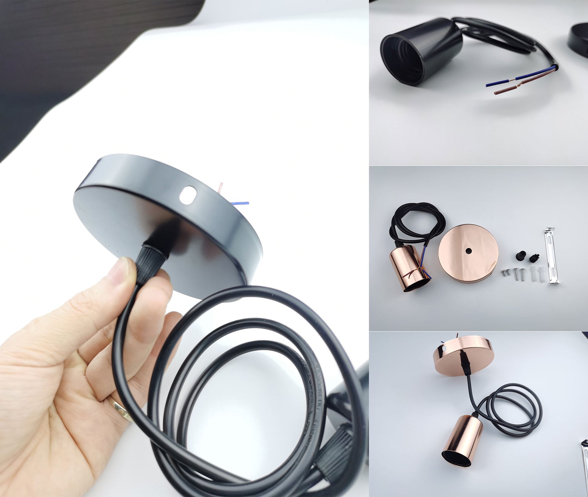 E27 Lamp Holder with black and copper finishes, wiring, and mounting accessories from Ningbo Foroureyes Electric Co Ltd