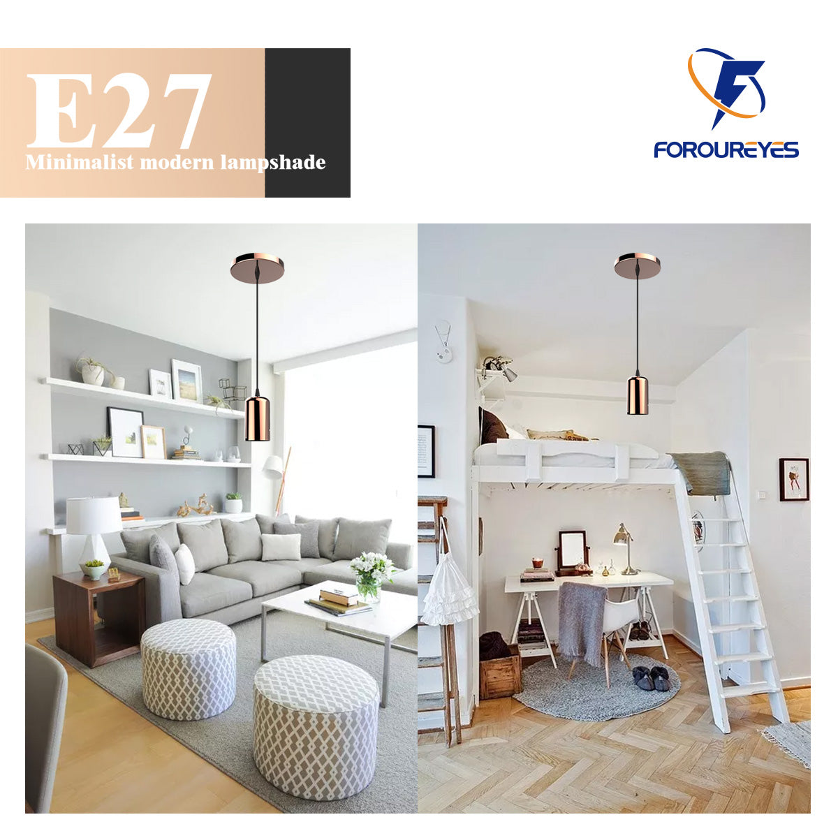E27 Lamp Holder with minimalist modern lampshade installed in stylish living and bedroom spaces