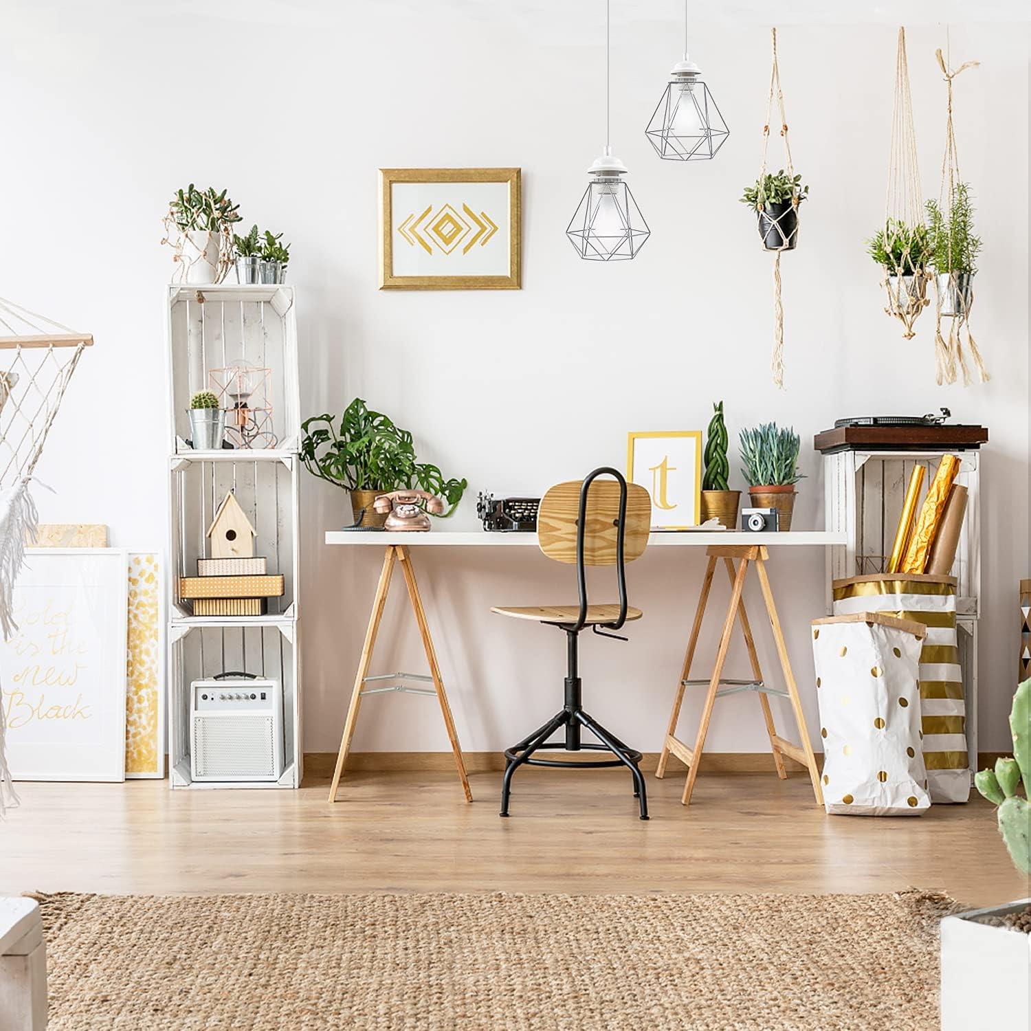 E27 lamp holder with geometric hanging lamps featured in modern home office decor