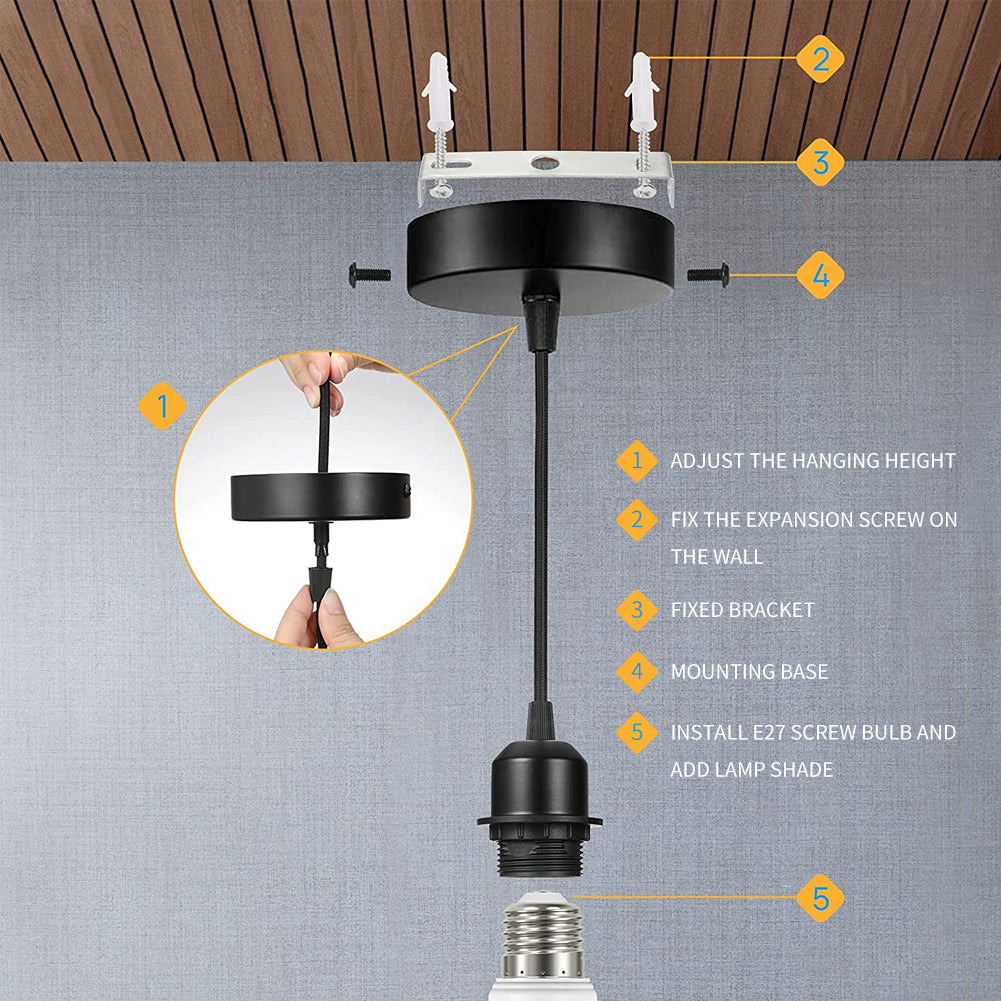 Black E27 lamp holder with adjustable hanging height and mounting base installed on ceiling