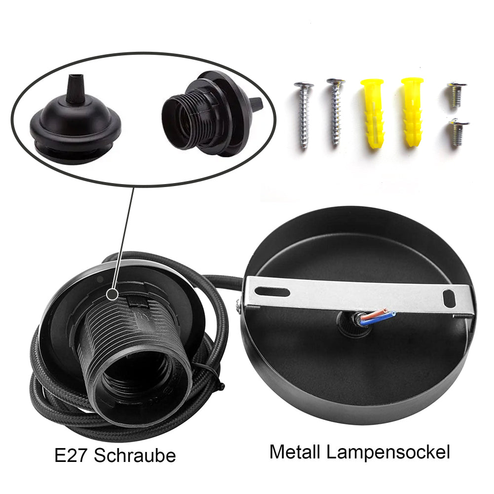 Black E27 lamp holder with mounting screws and metal base plate for lighting fixtures