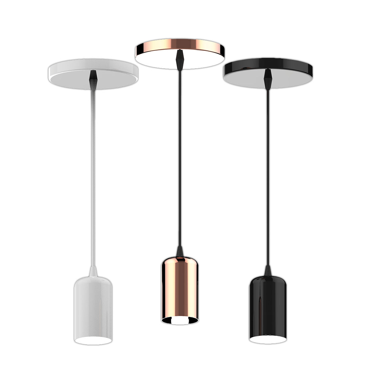 Set of three modern E27 lamp holder pendant ceiling lights in white, rose gold, and black finish