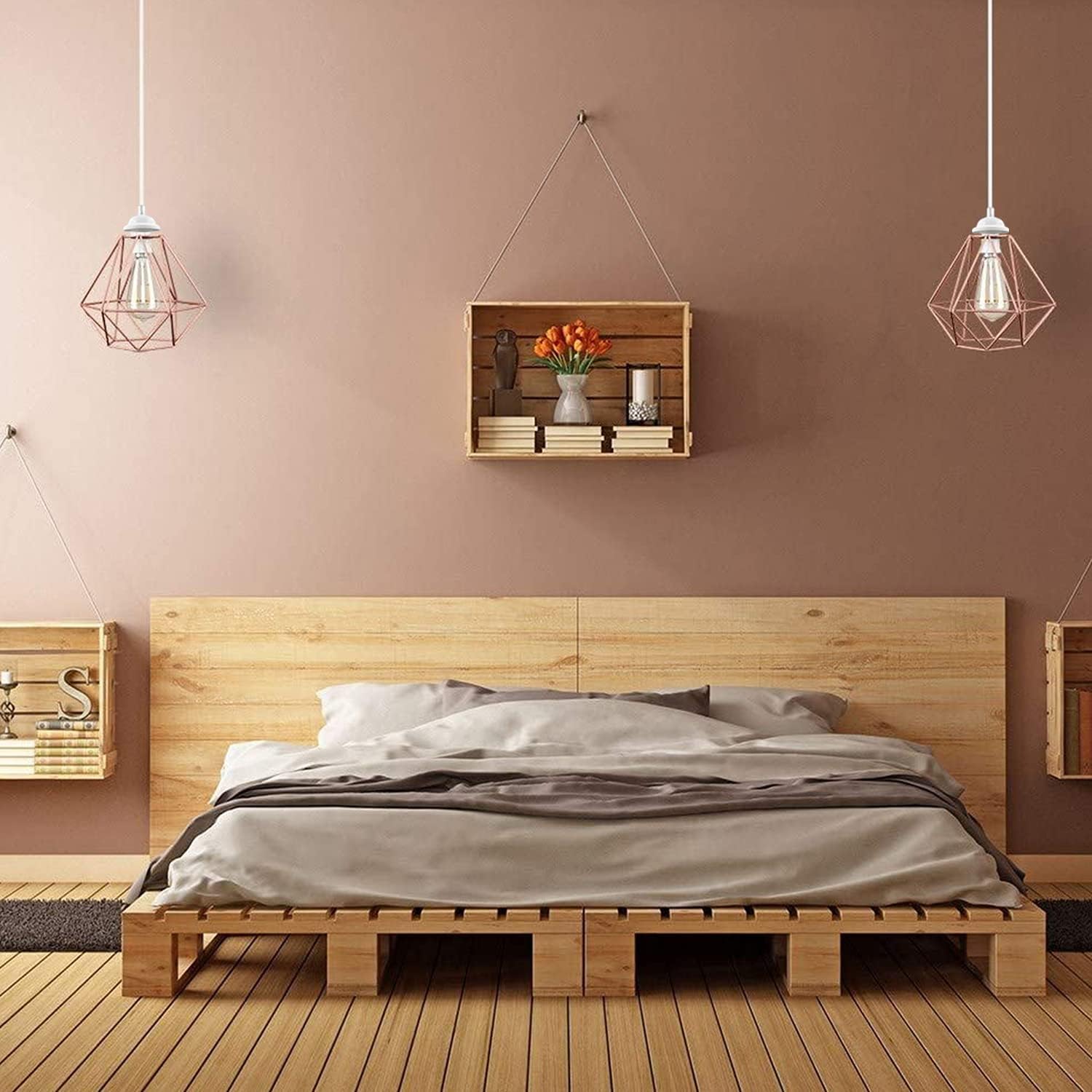 Modern bedroom with wooden pallet bed and two geometric pendant lights with E27 lamp holder