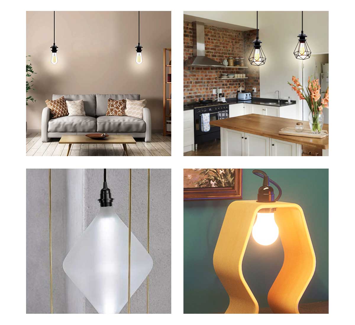 Various decorative E27 lamp holder designs by Ningbo Foroureyes Electric Co Ltd in living room and kitchen settings