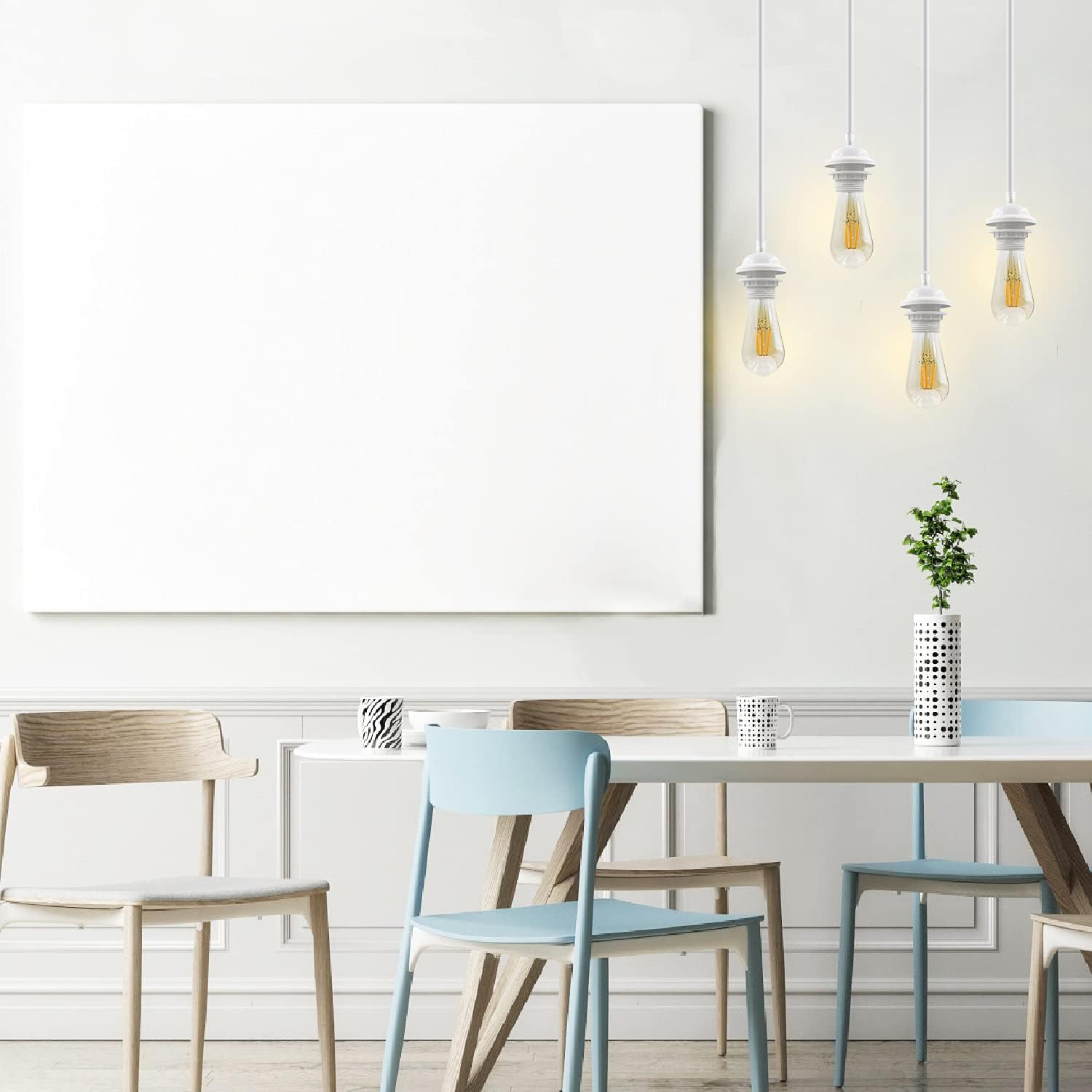Modern dining room with hanging E27 lamp holder light bulbs and minimalist wooden chairs