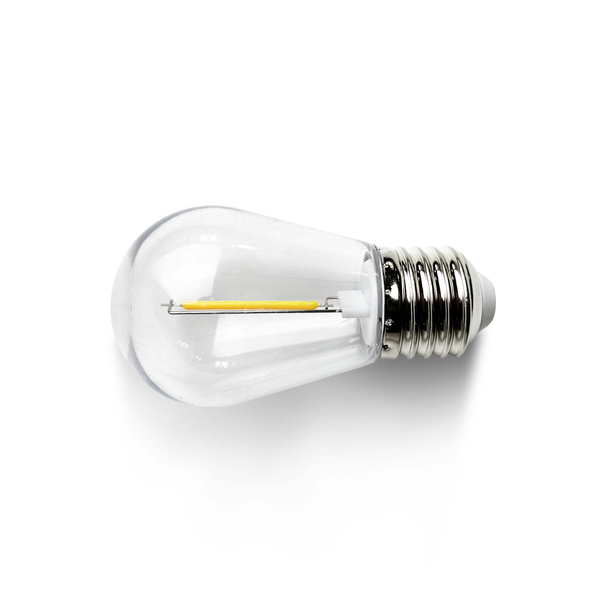 Clear glass E27 LED outdoor bulb with visible filament and silver metal base