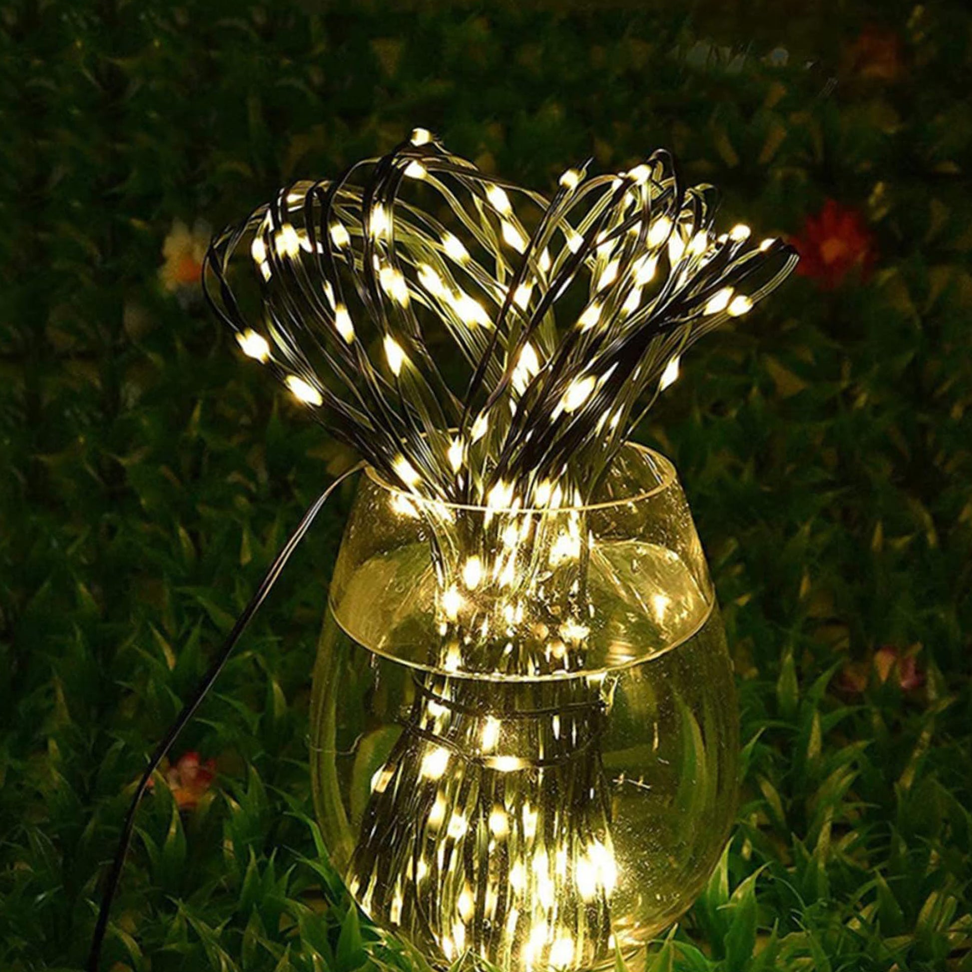 Outdoor Festoon string lights glowing warmly, coiled inside a glass container, illuminating garden foliage