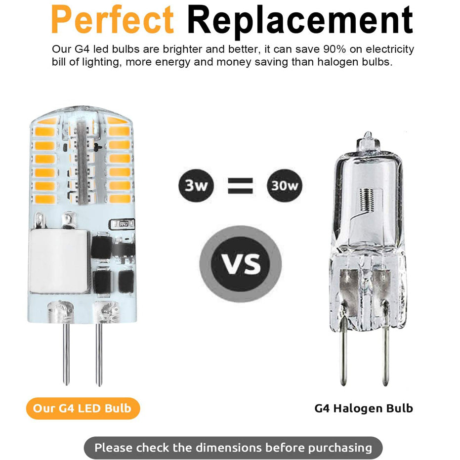 Comparison of G4 LED Bulb with G4 Halogen Bulb showing energy savings and brightness