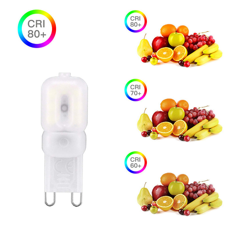 G9 LED bulb by Ningbo Fuaisi Electric Appliance Co with CRI 80 plus and comparison of fruit colors under different CRI levels