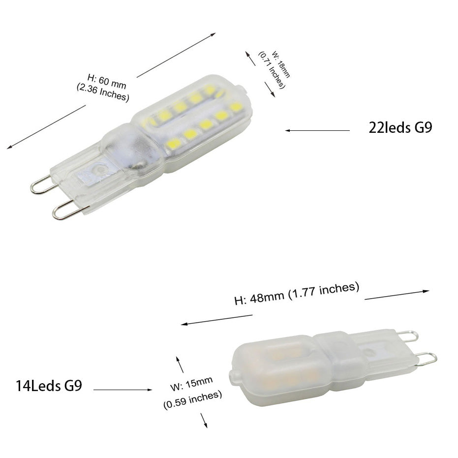 Ningbo Fuaisi Electric Appliance Co G9 LED bulb with 22 leds and 14 leds options showing dimensions