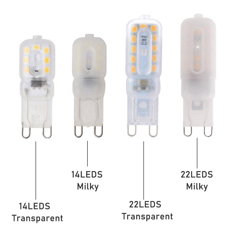 Four variations of G9 LED bulb showing 14 and 22 LEDs in transparent and milky finishes