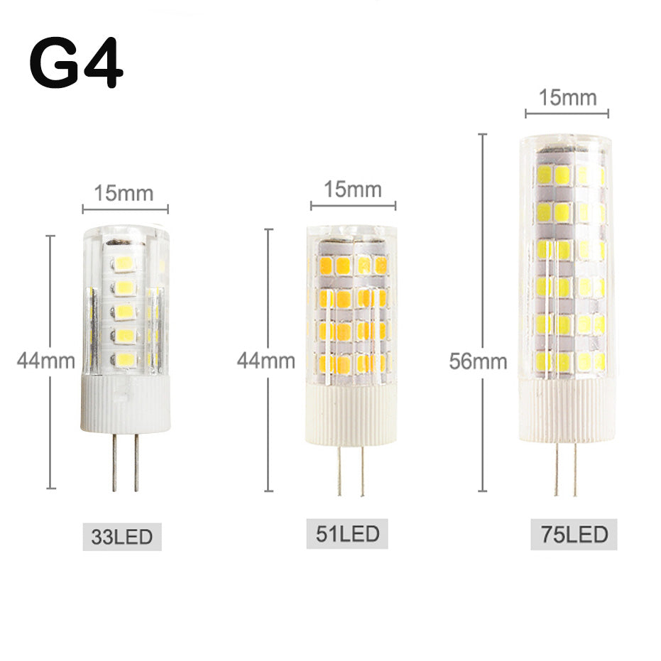 G4 LED bulbs with 33, 51, and 75 LEDs measuring 15mm diameter and varying lengths showing clear design