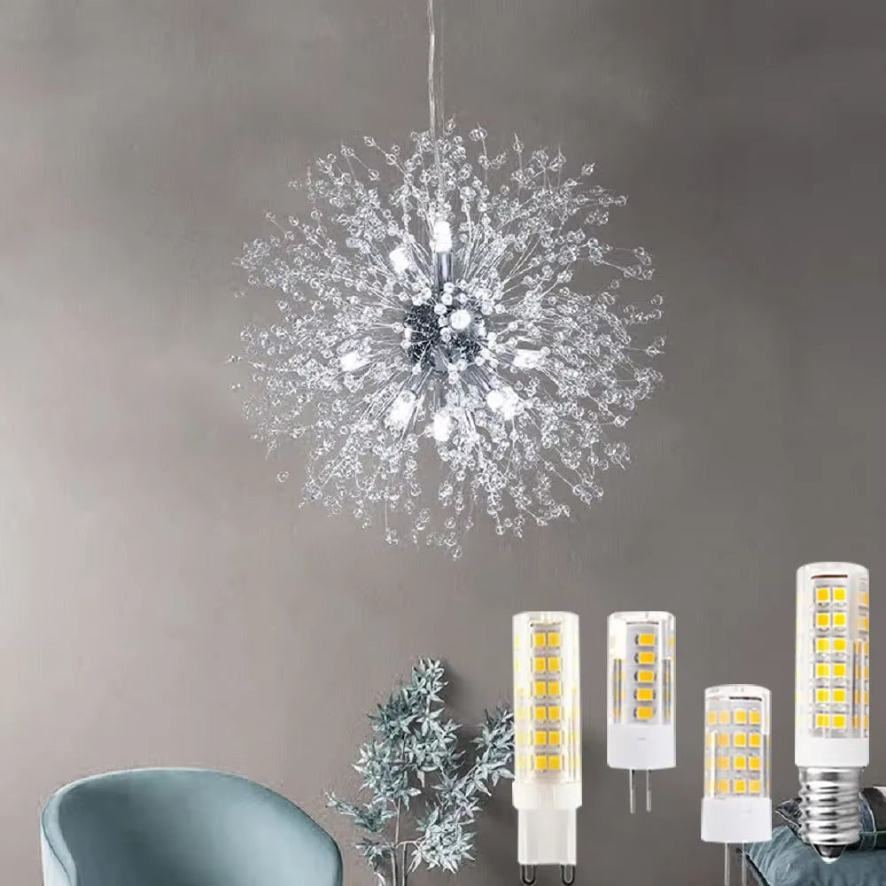 G9 LED light bulbs by Ningbo Fuaisi Electric Appliance Co. displayed in a modern chandelier and as standalone bulbs