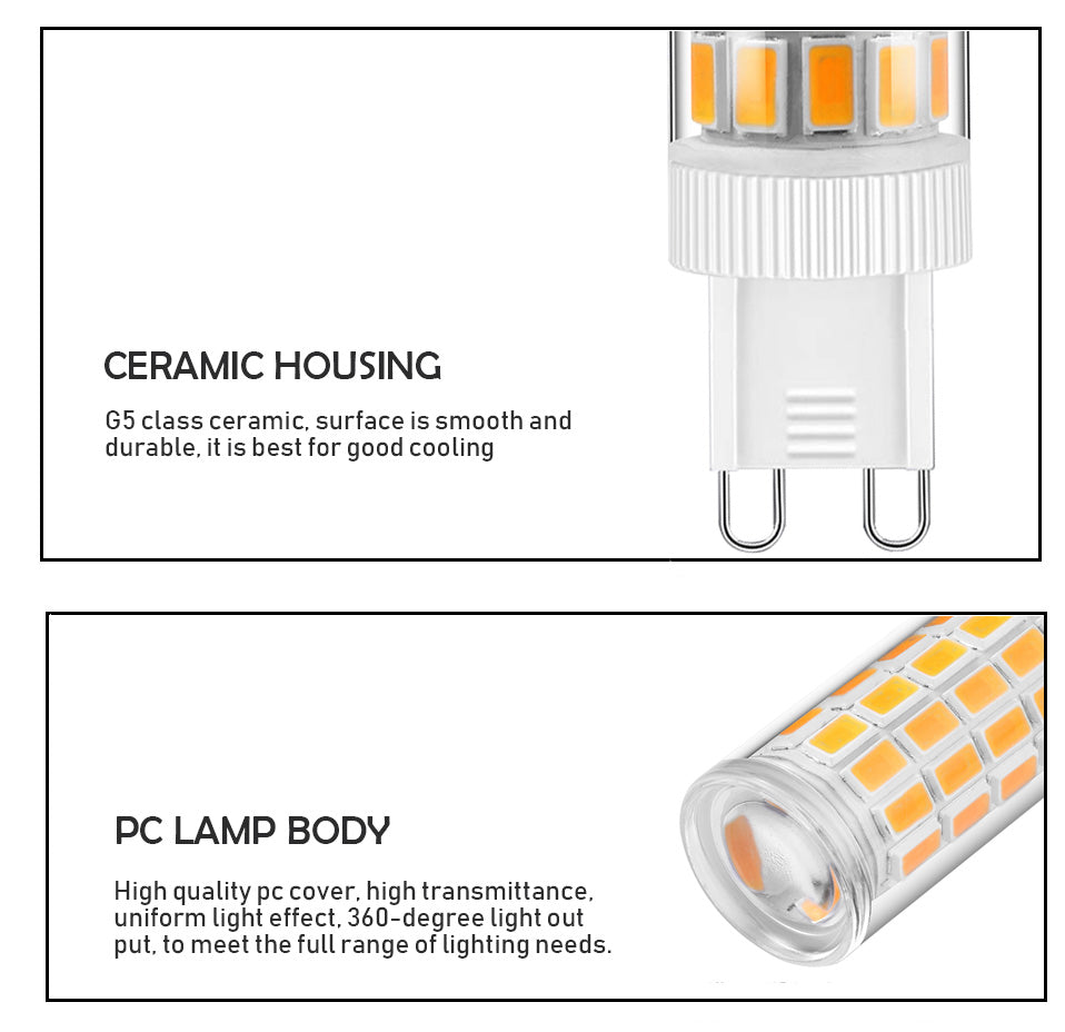 Close-up of G9 LED Lights with ceramic housing and PC lamp body showing LED chips and connector pins