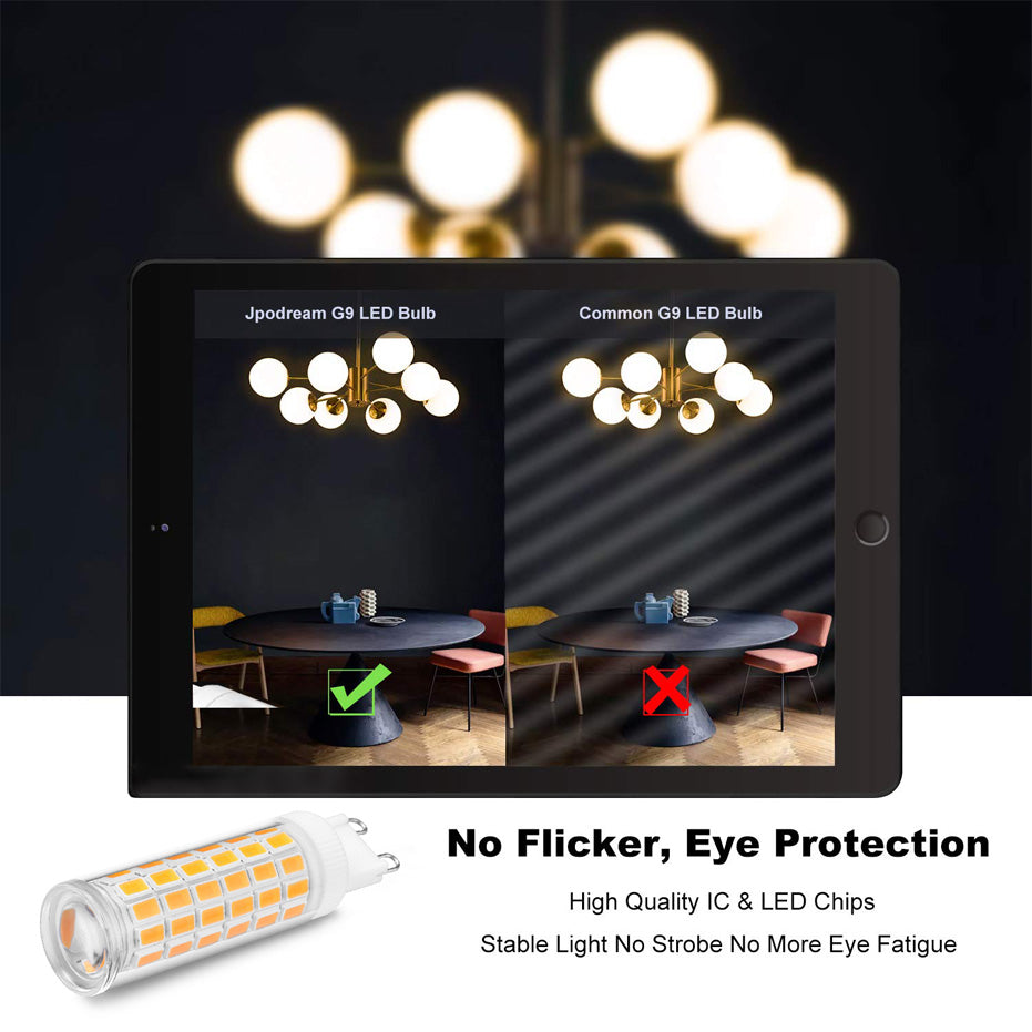 Comparison of Jpodream G9 LED Lights versus common G9 LED lights showing no flicker and eye protection feature