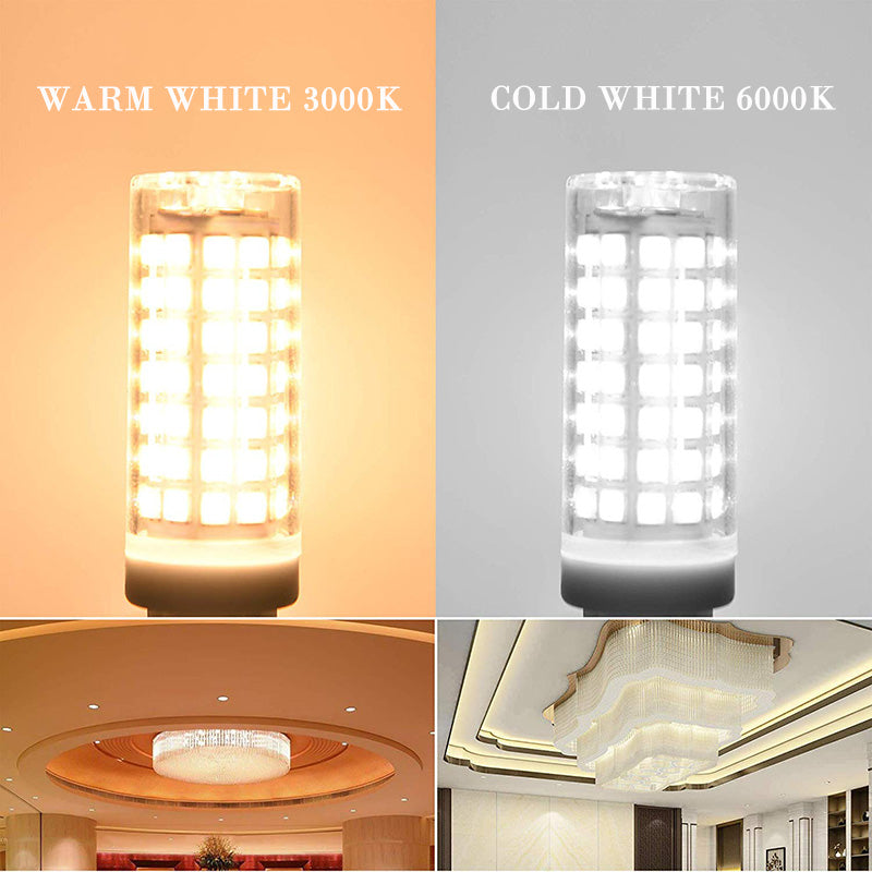 G9 LED bulb showing warm white 3000K and cold white 6000K light colors with ceiling light installation examples