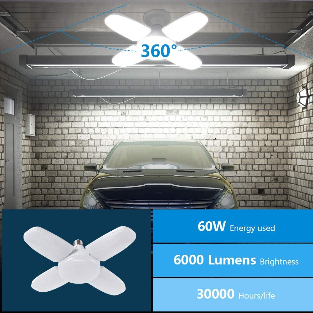 Garage LED Bulb with 360-degree lighting, 60W power, 6000 lumens brightness, and 30000 hours life